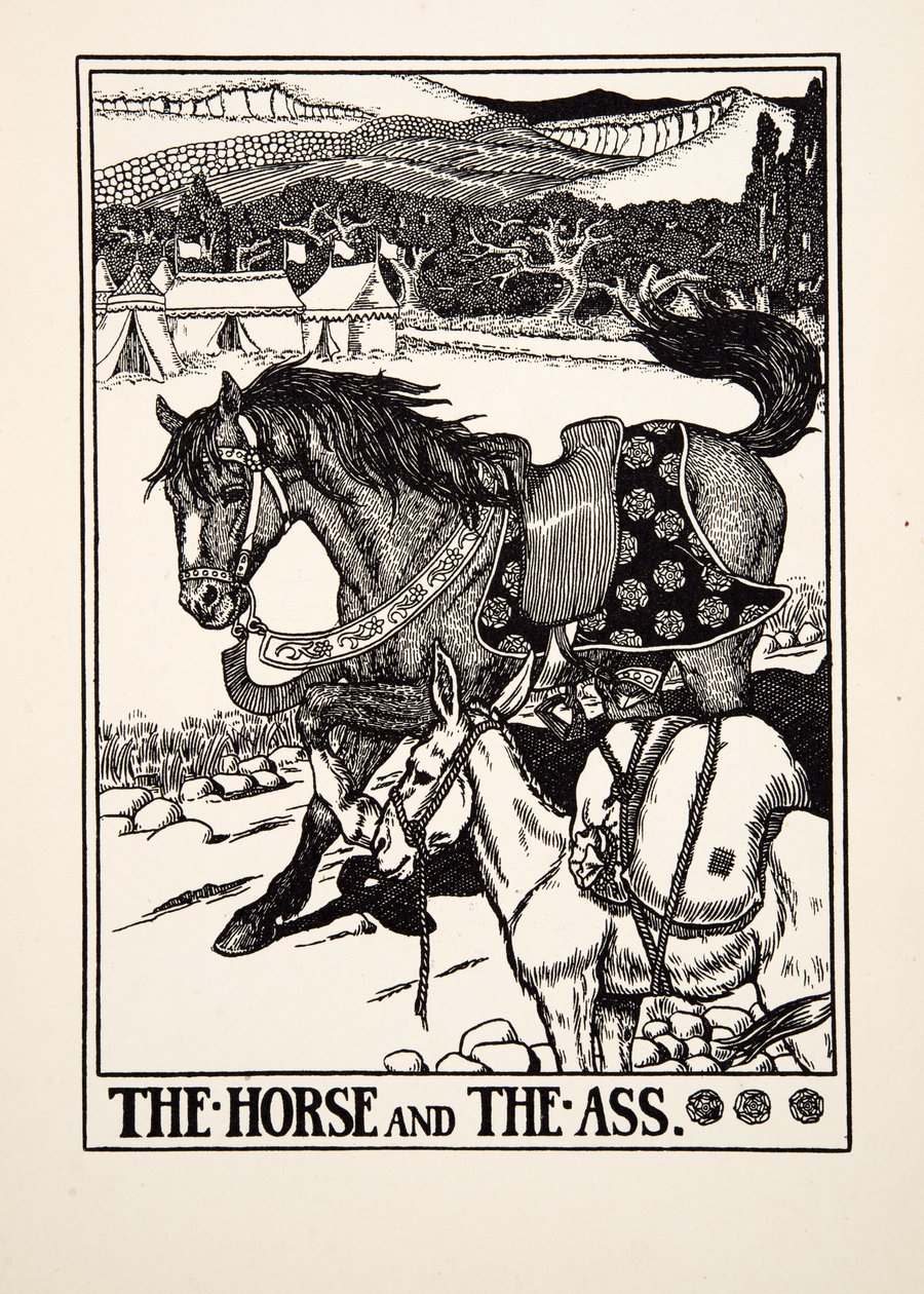 Das Pferd und der Esel, aus Hundert Fabeln von Äsop, veröffentlicht 1903 von Percy J. Billingshurst