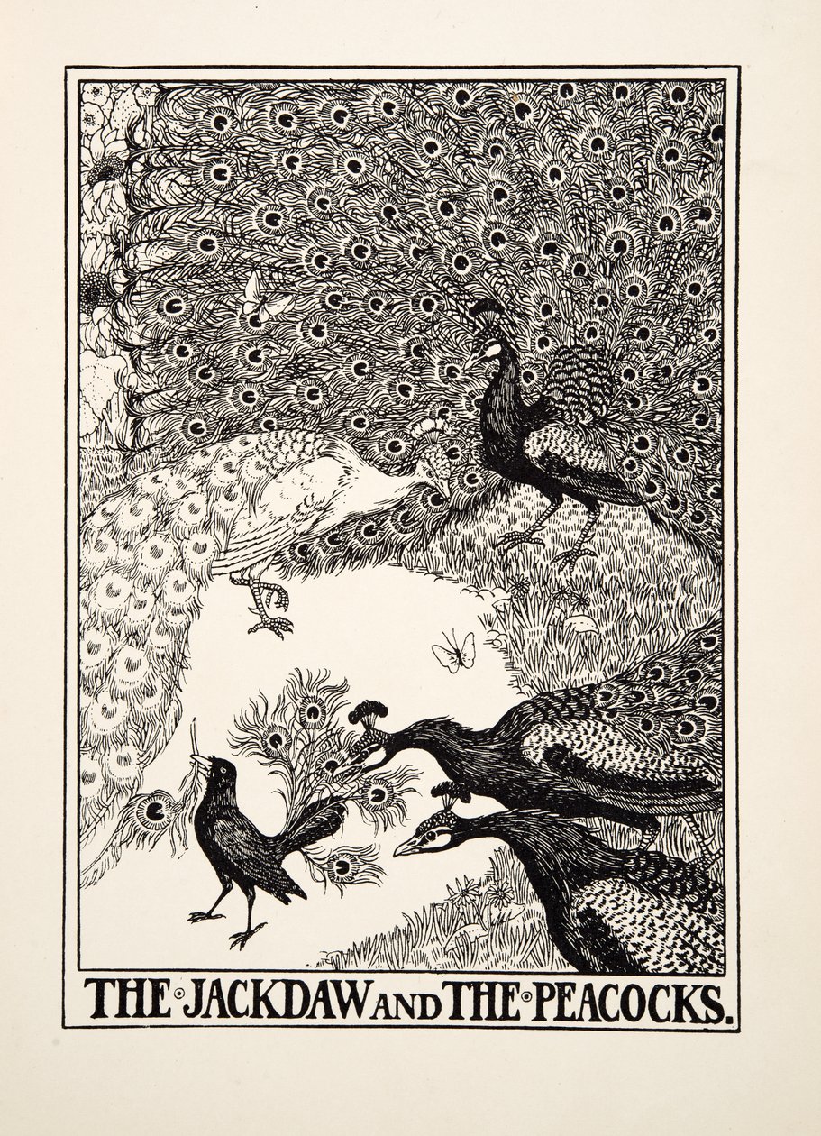 Die Dohle und die Pfauen, aus Hundert Fabeln von Äsop, veröffentlicht 1903 von Percy J. Billingshurst