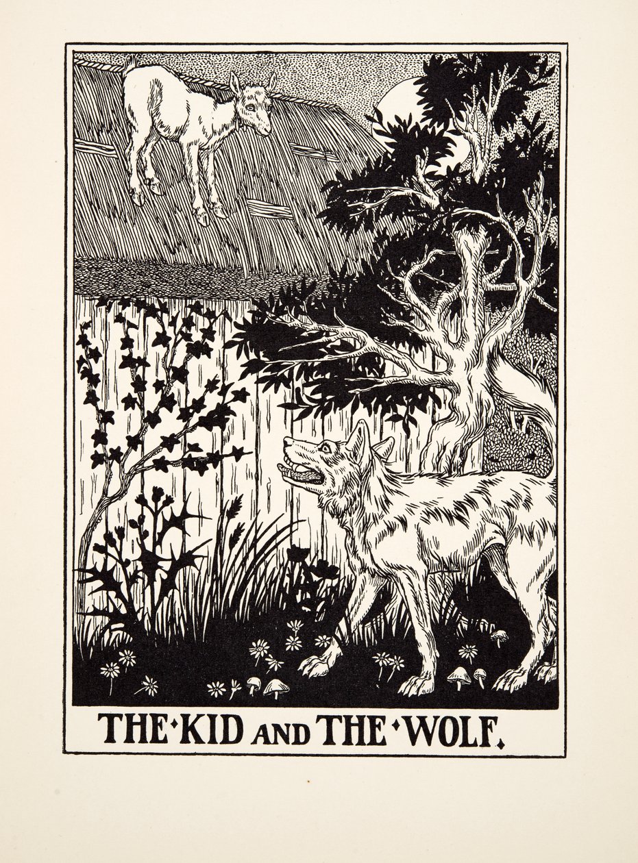 Das Zicklein und der Wolf, aus Hundert Fabeln von Aesop, veröffentlicht 1903 von Percy J. Billingshurst