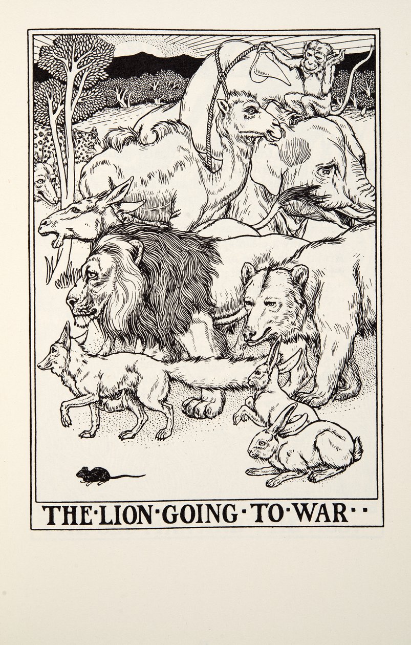 Der Löwe zieht in den Krieg, aus Fontaine Fables, veröffentlicht 1905 von Percy J. Billingshurst