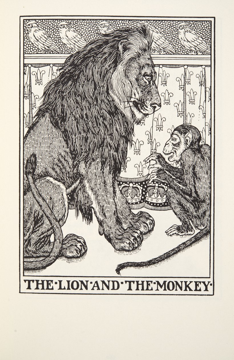Der Löwe und der Affe, aus Fontaine Fabeln, veröffentlicht 1905 von Percy J. Billingshurst