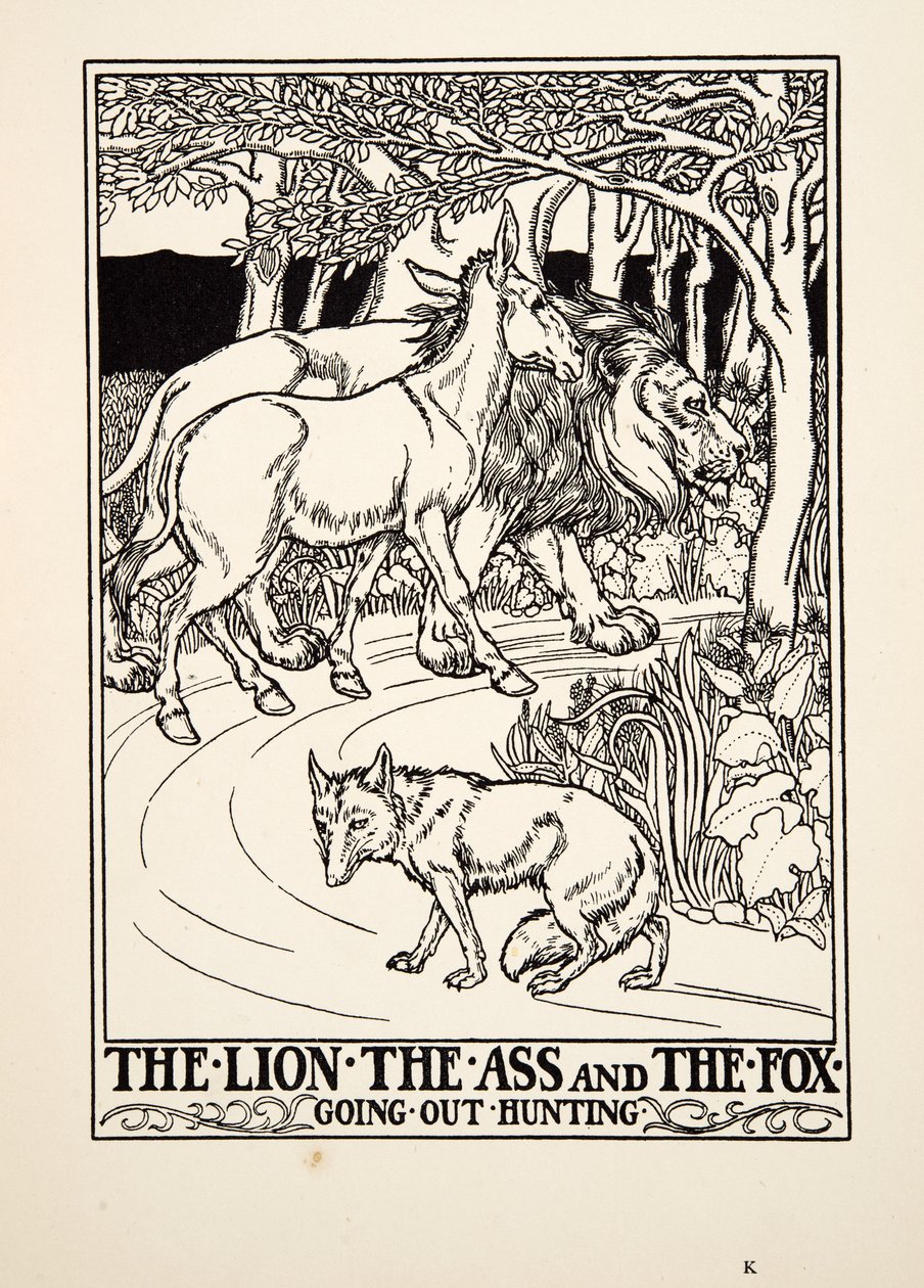 Der Löwe, der Esel und der Fuchs auf der Jagd, aus Hundert Fabeln von Äsop, veröffentlicht 1903 (Gravur) von Percy J. Billingshurst