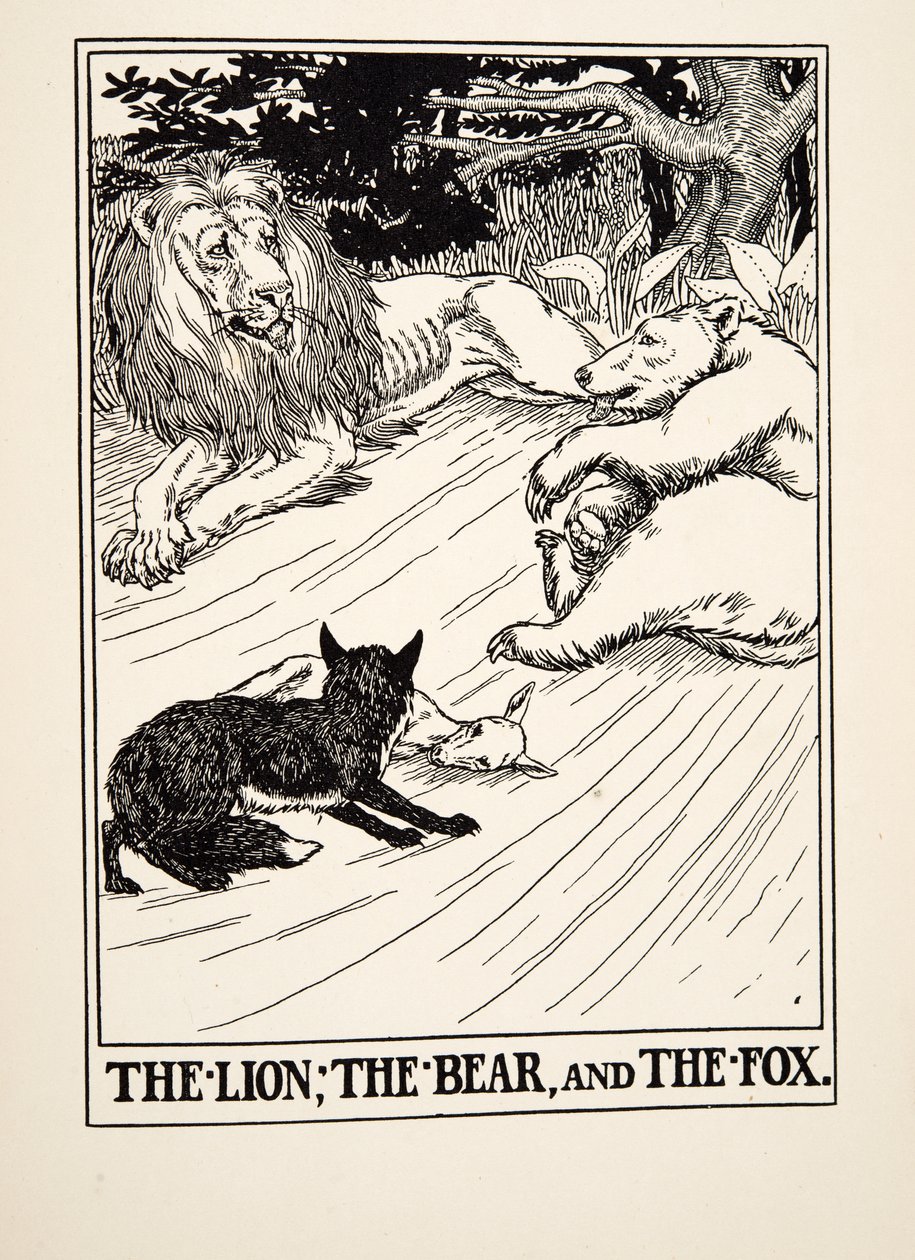 Der Löwe, der Bär und der Fuchs, aus Hundert Fabeln von Äsop, veröffentlicht 1903 von Percy J. Billingshurst