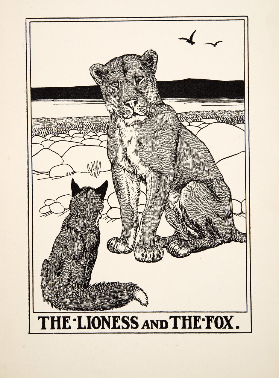 Die Löwin und der Fuchs, aus Hundert Fabeln von Äsop, veröffentlicht 1903 von Percy J. Billingshurst