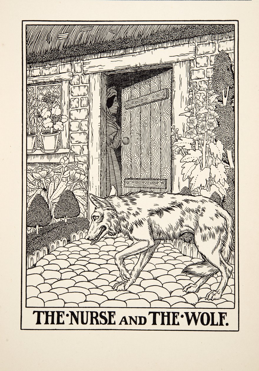 Die Amme und der Wolf, aus Hundert Fabeln von Aesop, veröffentlicht 1903 von Percy J. Billingshurst