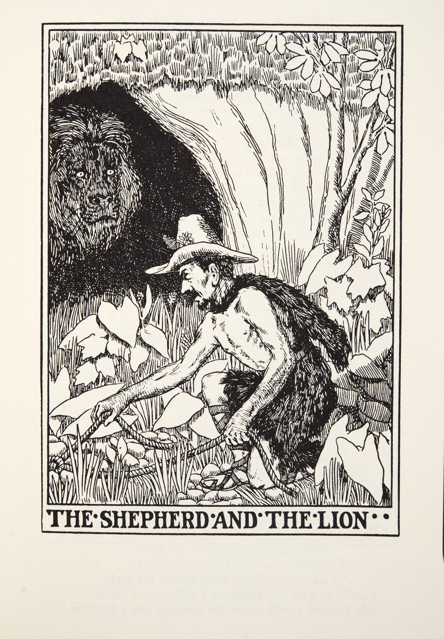 Der Schäfer und der Löwe, aus Fontaine Fabeln, veröffentlicht 1905 von Percy J. Billingshurst