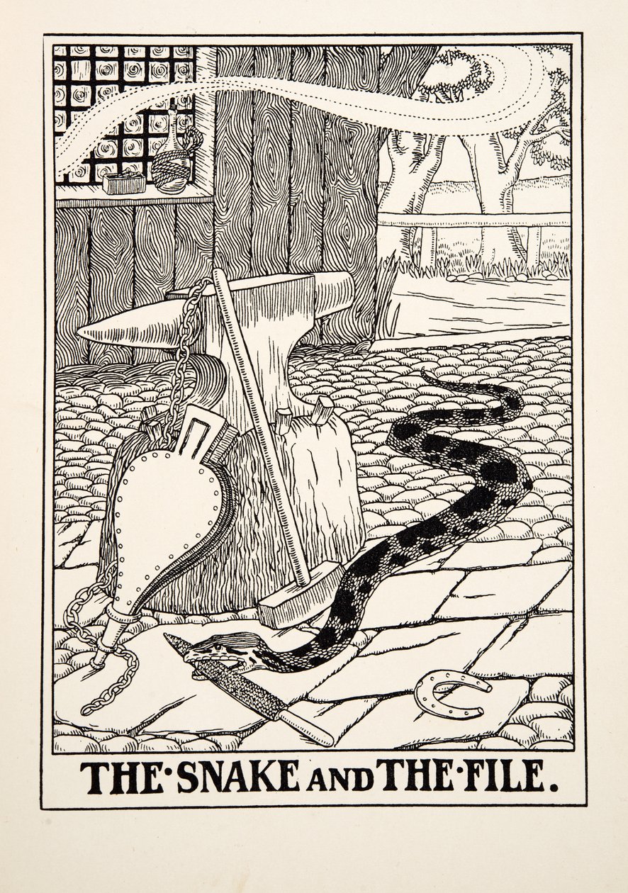 Die Schlange und die Feile, aus Hundert Fabeln von Äsop, veröffentlicht 1903 (Gravur) von Percy J. Billingshurst
