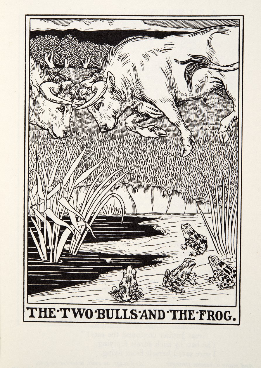Die zwei Stiere und der Frosch, aus Fontaine Fabeln, veröffentlicht 1905 von Percy J. Billingshurst