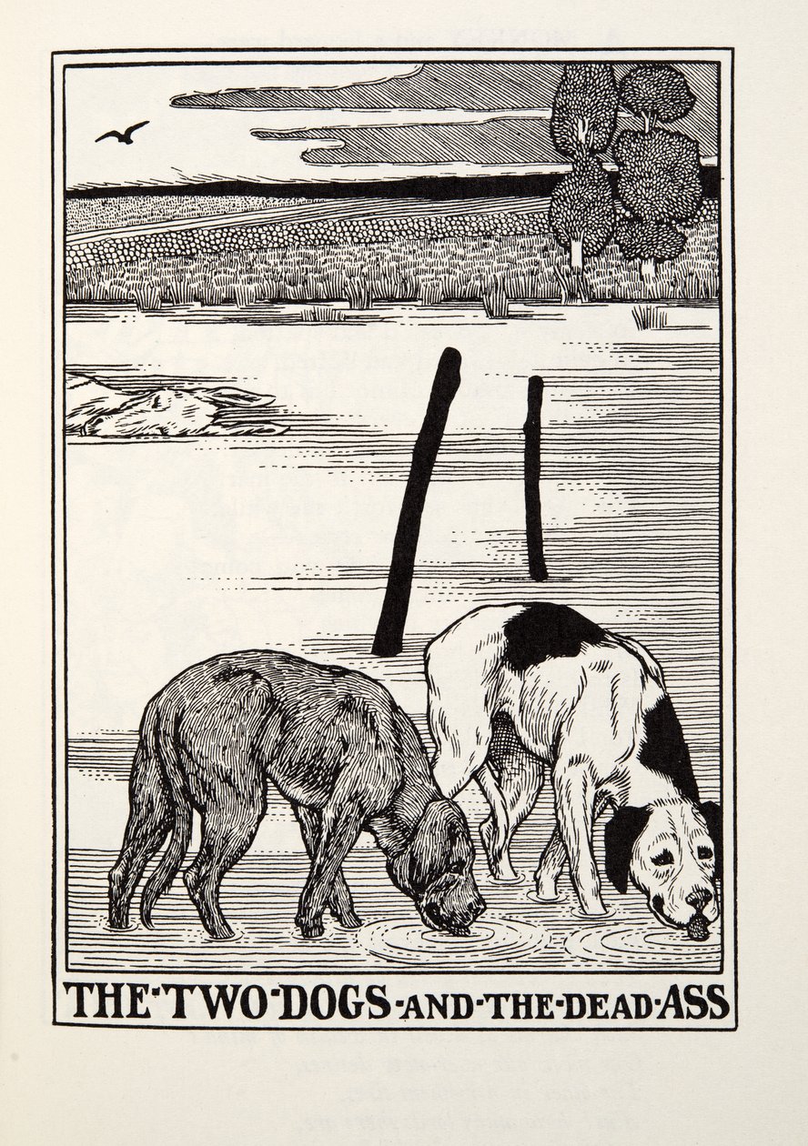 Die zwei Hunde und der tote Esel, aus Fontaine Fabeln, veröffentlicht 1905 von Percy J. Billingshurst