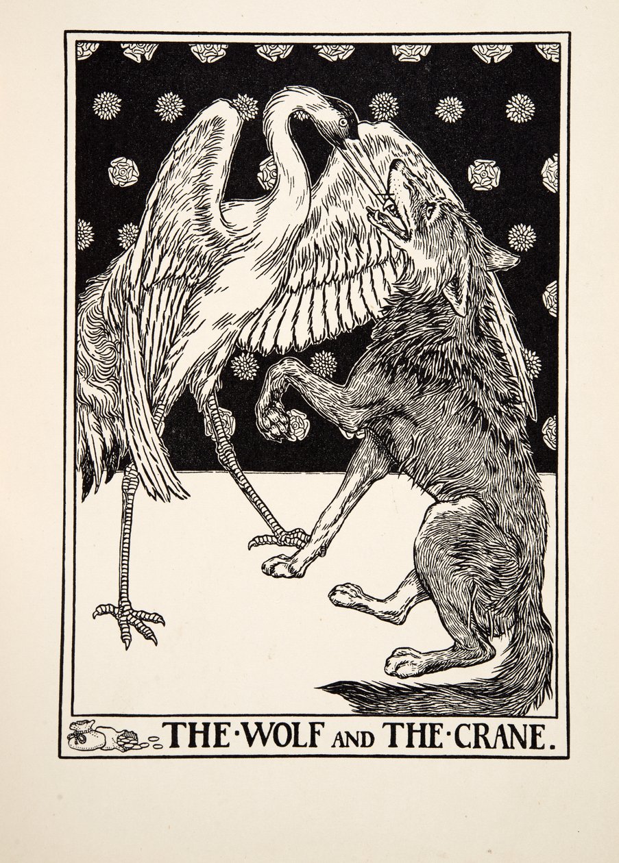 Der Wolf und der Kranich, aus Hundert Fabeln von Äsop, veröffentlicht 1903 von Percy J. Billingshurst