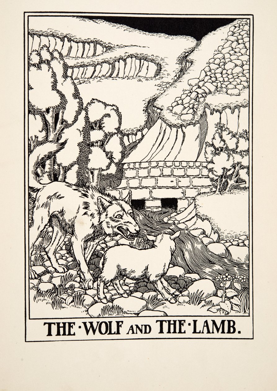 Der Wolf und das Lamm, aus Hundert Fabeln von Äsop, veröffentlicht 1903 von Percy J. Billingshurst