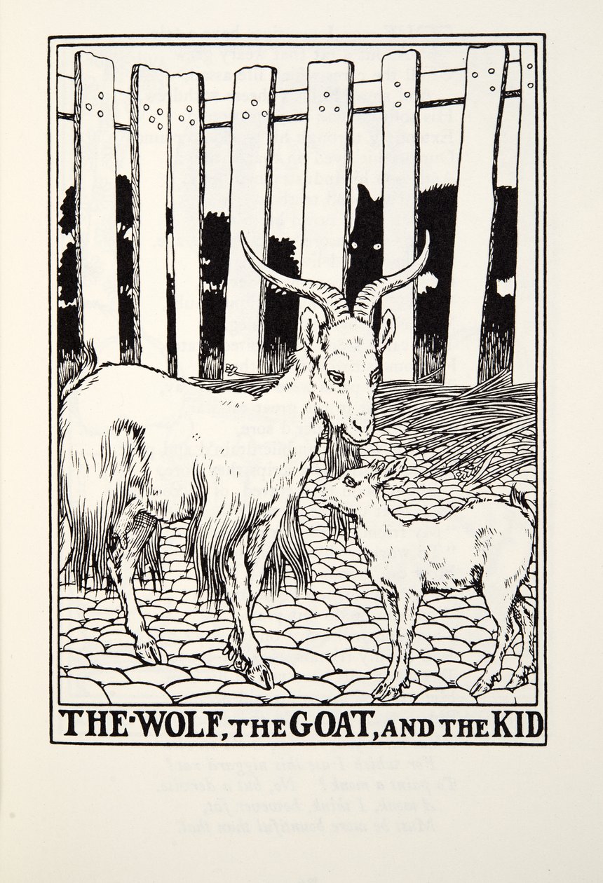 Der Wolf, die Ziege und das Kind, aus Fontaine Fabeln, veröffentlicht 1905 von Percy J. Billingshurst