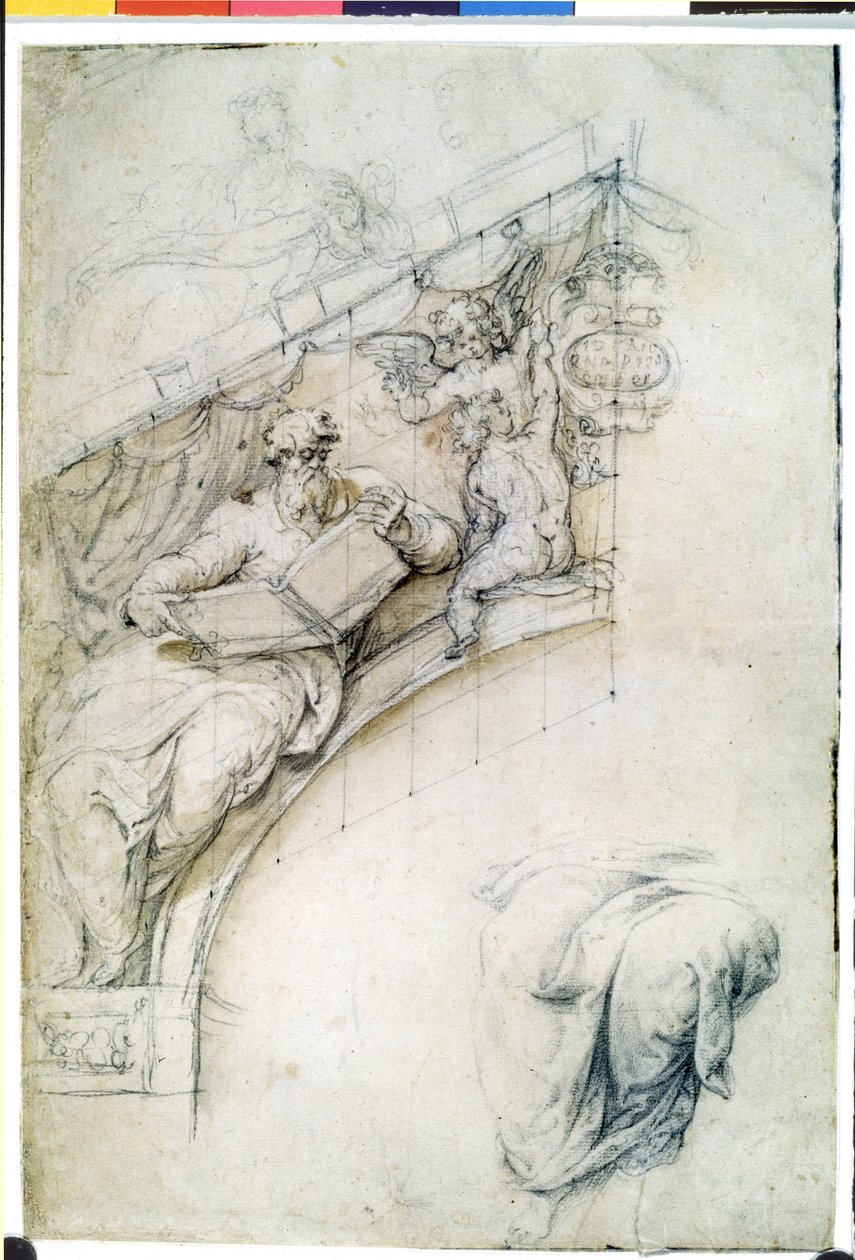 Studie für ein Fresko mit einer Prophetenfigur und zwei Putti von Perino del (1501-47) Vaga