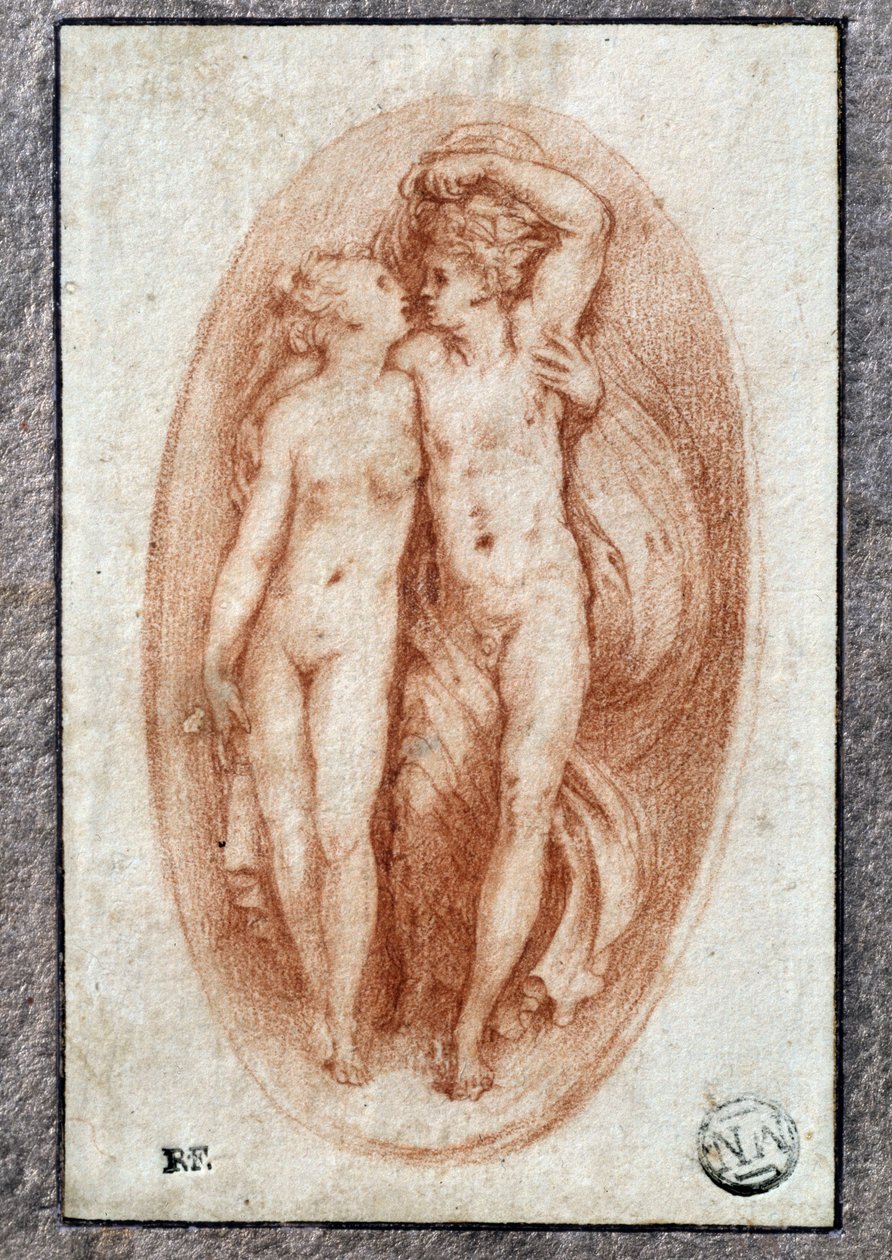Umarmendes Paar. Zeichnung in Rötel von Pietro Buonaccorsi (1500-1546/47), auch bekannt als Pierino del Vaga von Perino del Vaga