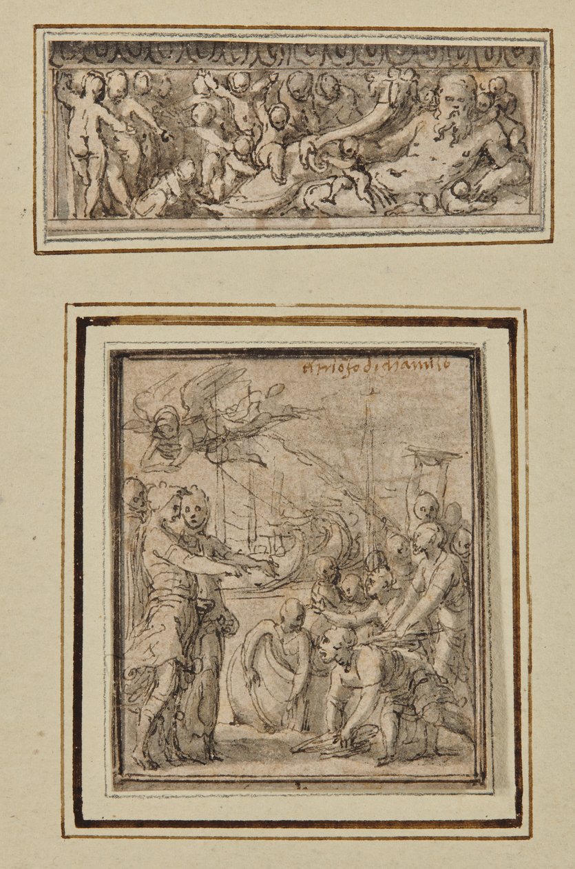 Flussgott umgeben von Putti; und Triumph des Marcus Furius Camillus von Perino del Vaga
