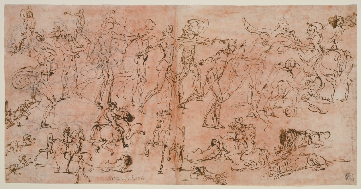 Studien von Kriegern, Reitern und Löwen (recto); Studien von Köpfen und nackten Figuren, Deckenplan und Inschriften (verso) von Perino del Vaga