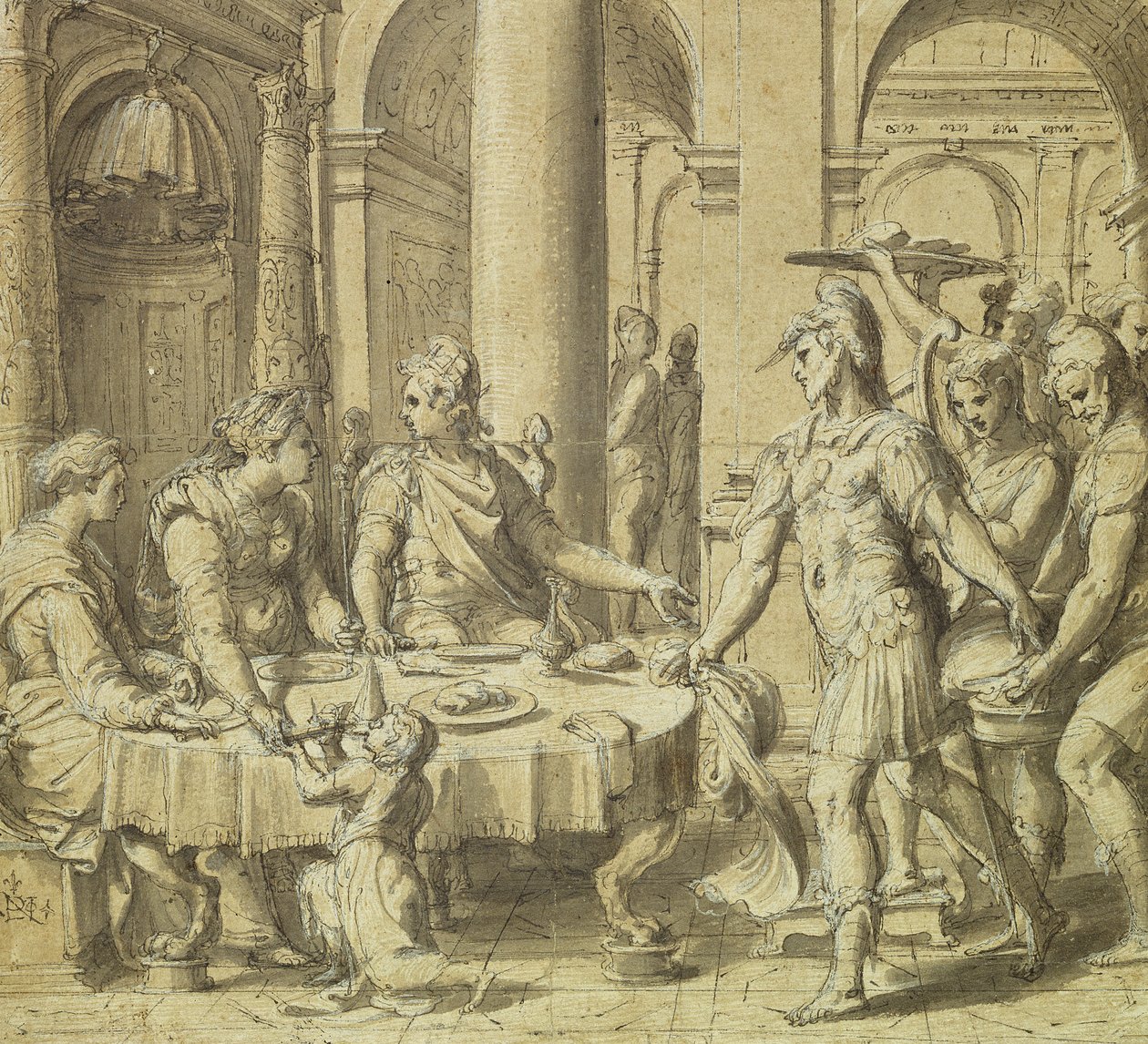 Das Bankett von Dido und Aeneas, Modell für einen Wandteppich in der Aeneas-Serie, ca. 1532 (Feder und Tinte und Waschung auf Papier) von Perino del Vaga