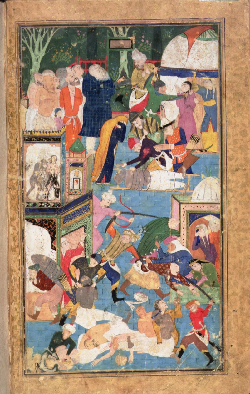 Die Plünderung von Isfahan im Jahr 1387 zeigt Timurs Truppen beim Plündern, Brandschatzen und Morden von Persian School