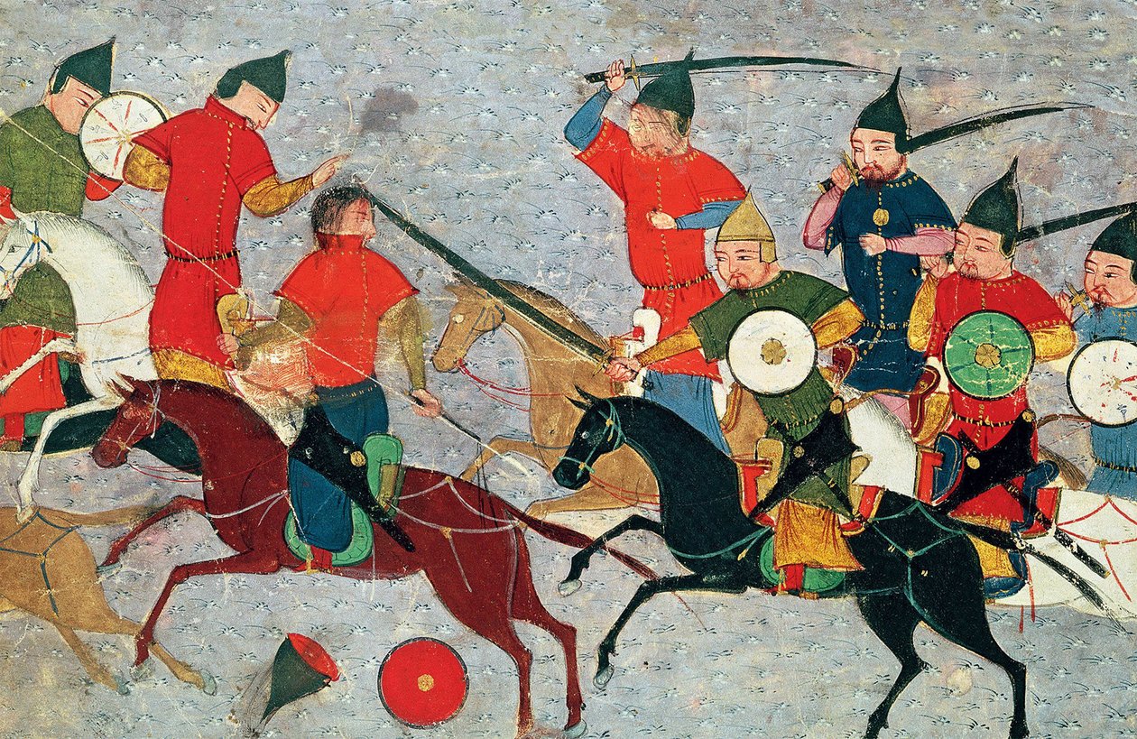 Dschingis Khan im Kampf. Miniatur aus Jami