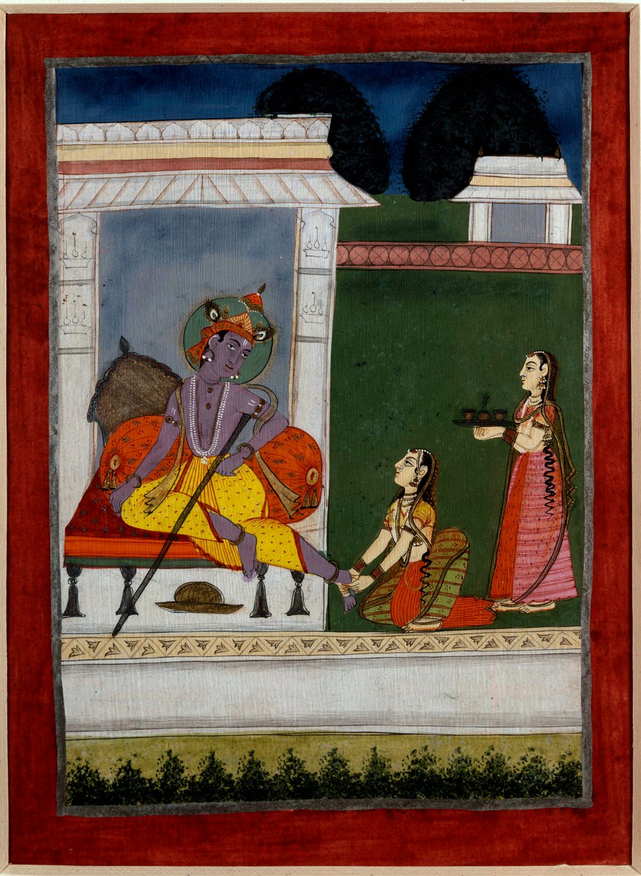 Hinduismus: „Krishna ruht“. Eine Person massiert seine Füße. Persische Miniatur der indischen Schule des 17. Jahrhunderts. Rennes, Museum der Schönen Künste. von Persian School