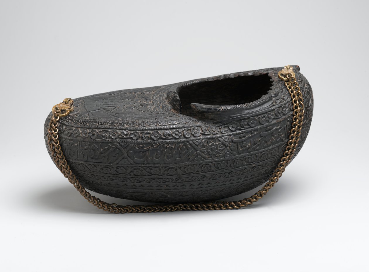 Kashkul oder Bettelschale mit Porträt von Derwischen und einem berittenen Falkner, Iran, 1880 von Persian School