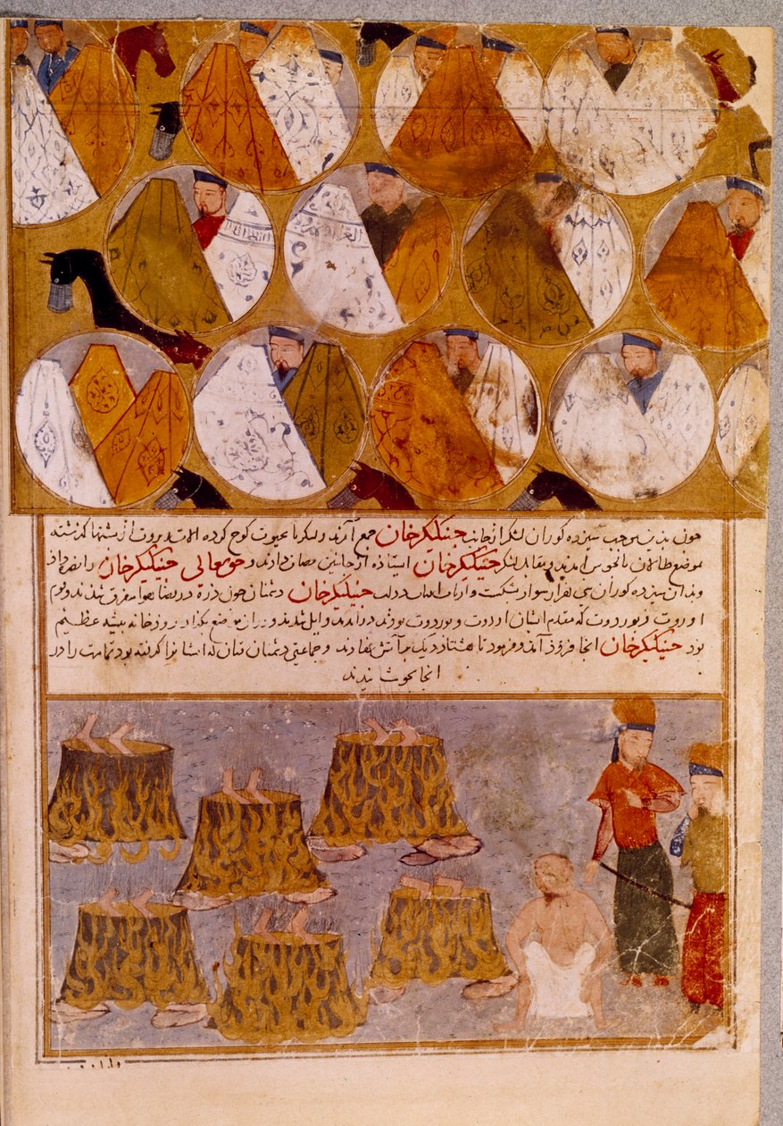 Mongolische Zelte und Gefangene von Dschingis Khan (1162-1227): Dschingis Khan lässt die Anhänger von Djamuqua, einem Mongolen des Jadjirat-Stammes, in Kessel werfen. Persische Miniatur aus 