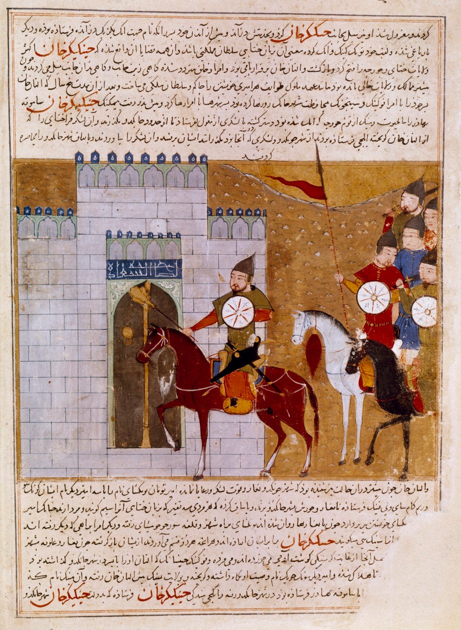 Mongolen belagern eine persische Festung, Miniatur aus „Jami al-tawarikh“ oder „Universalgeschichte“ von Historiker Rashid al-din von Persian School