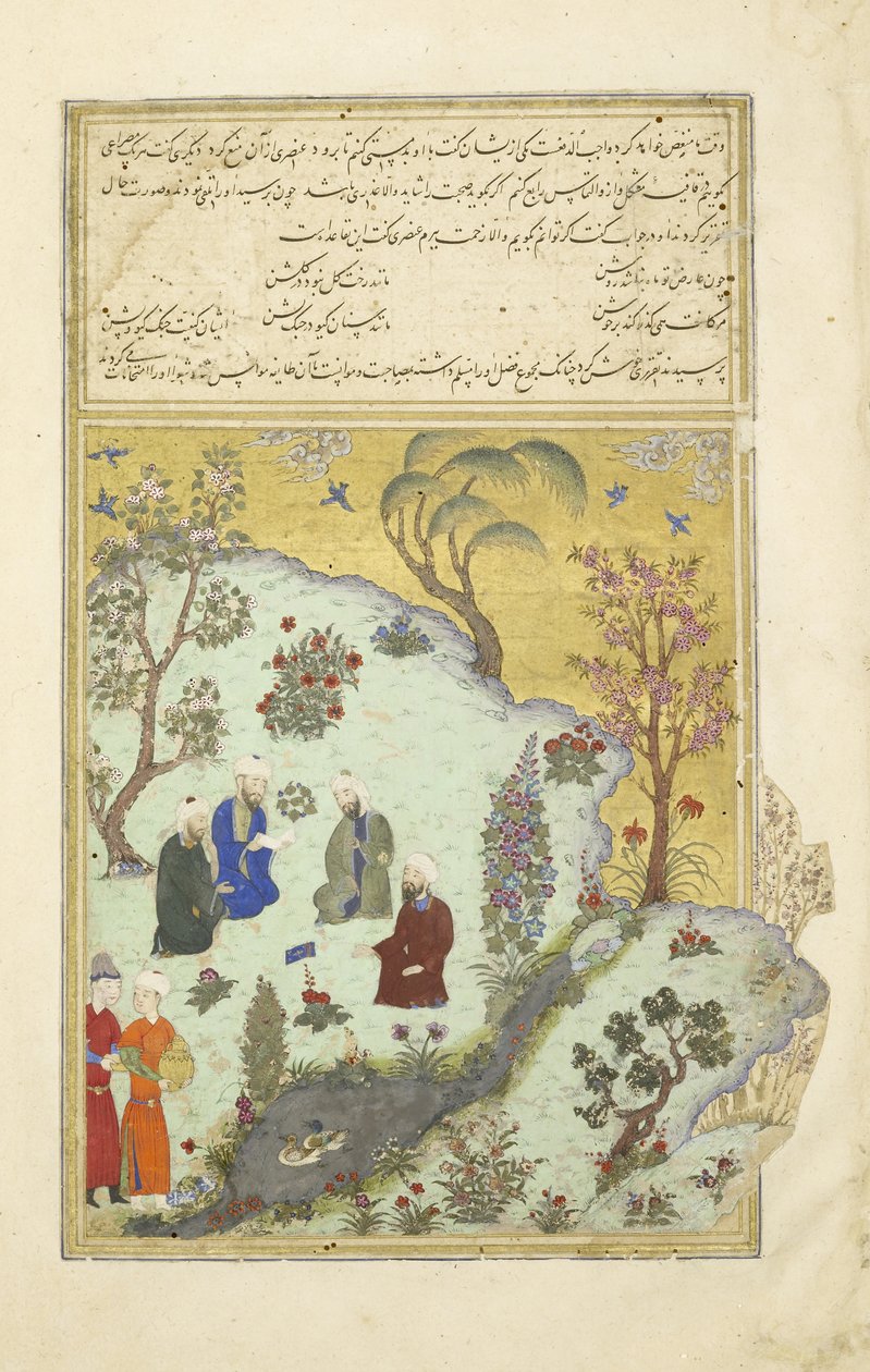 Firdausi trifft die Hofdichter von Ghazni, Illustration aus dem Shahnama (Buch der Könige), von Abul-Qasim Mansur Firdawsi (ca. 934-ca. 1020), 1444 von Persian School