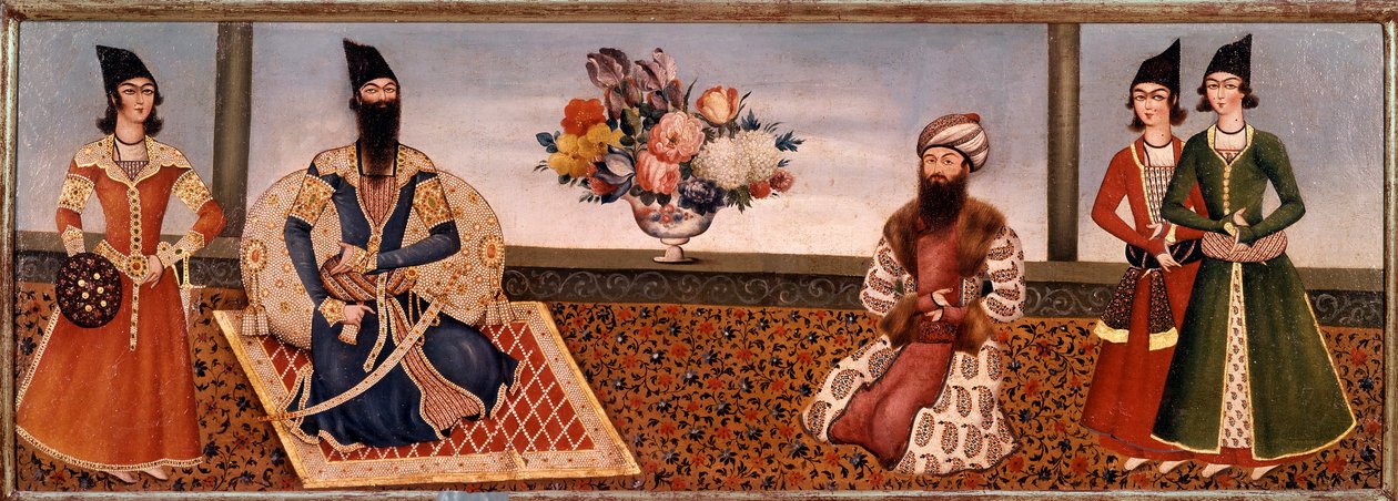 Persischer König Fath Ali Shah (1771-1834) umgeben von Mitgliedern seines Hofes. Gemälde der Shiraz-Schule (19. Jahrhundert), Teheran, Foroughi-Sammlung von Persian School