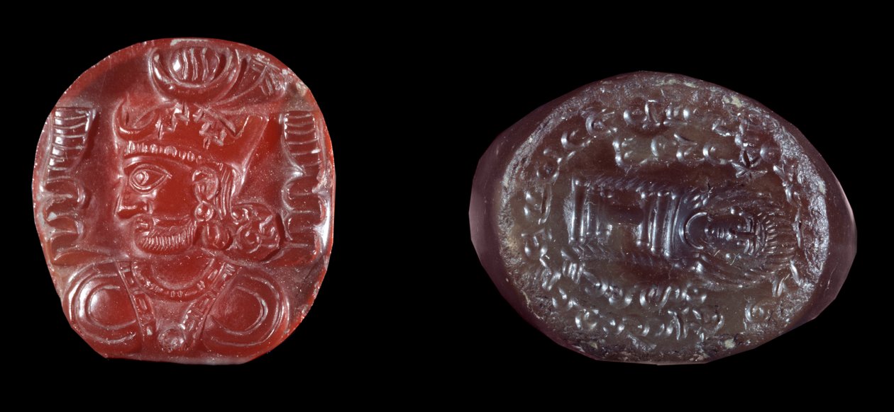 Persische Kunst: Kamee von Kavadh I. (oder Qobad, Kobad, Kabad) (488-496 n. Chr.) König des zweiten Persischen Reiches und Achatstempel der Sassanidenzeit. 5. oder 6. Jahrhundert n. Chr. Paris, B.N. von Persian School