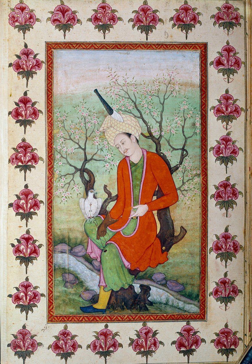 Prinz ruht sich während der Jagd mit einem Falken aus von Persian School