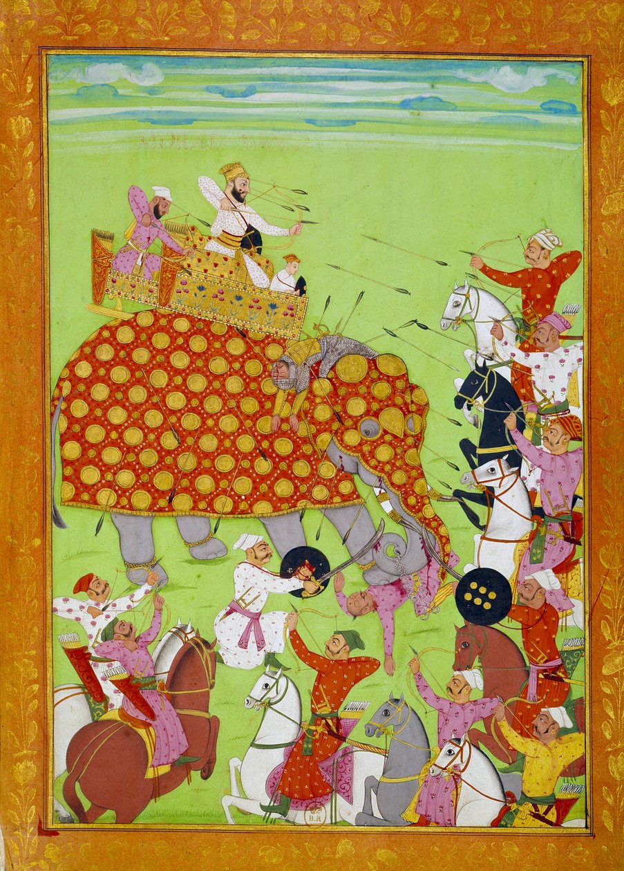 Darstellung von Murad Baksh (1624-1661), Sohn des Mogulkaisers Shah Jehan, kämpfend auf einem Elefanten. Persische Miniatur des 17. Jahrhunderts Paris, B.N. von Persian School