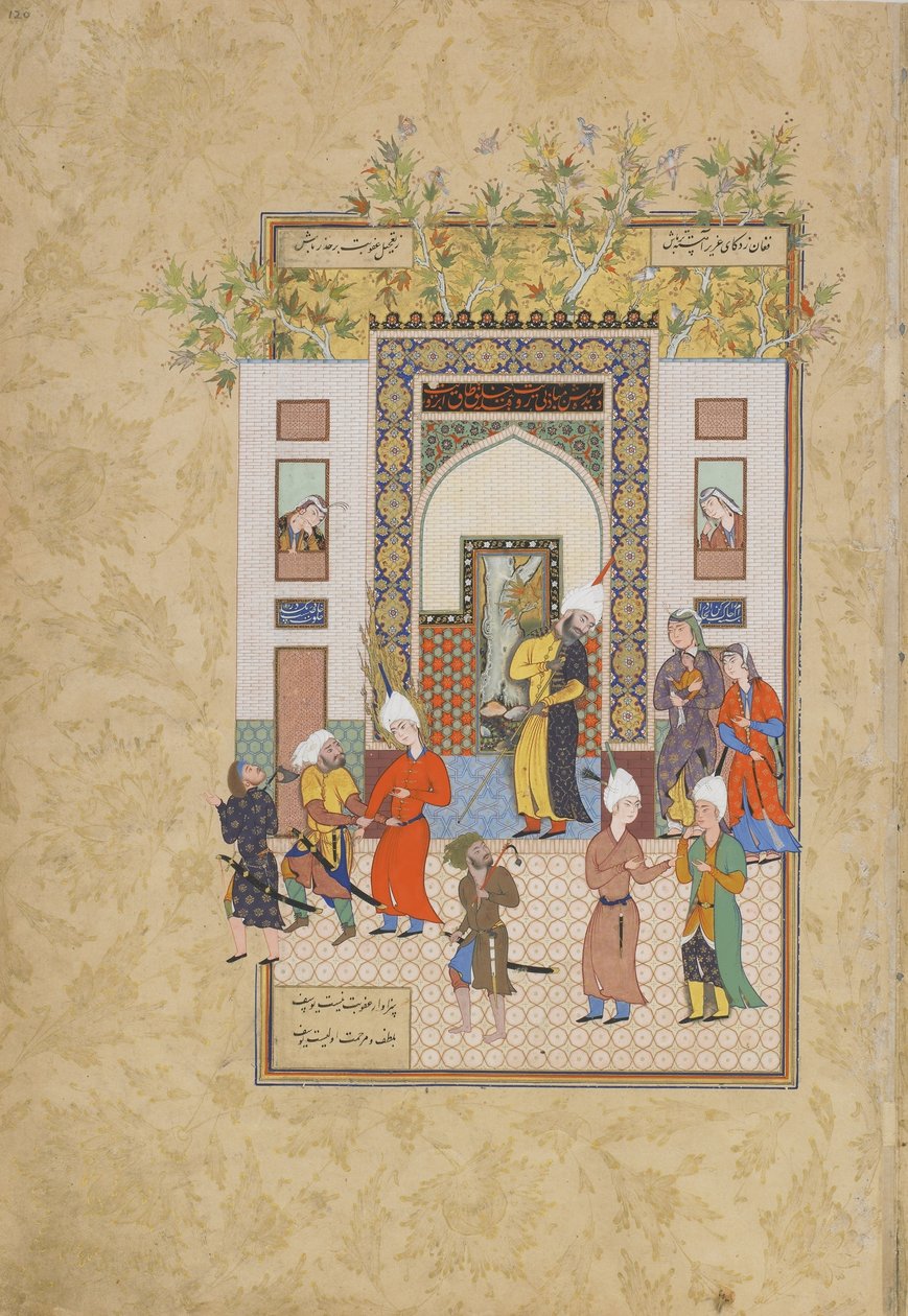 Der Säuglingszeuge bezeugt Yusufs Unschuld, Folio aus einem Haft Awrang (Sieben Throne) von Jami (gest. 1492), wahrscheinlich Mashad, Khurasan, Iran, Safawiden-Dynastie, 1556-1565 von Persian School