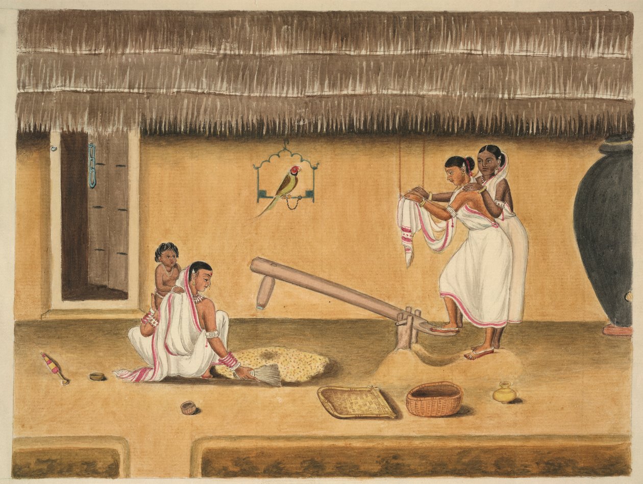 Frauen schälen Reis mit einem Dhenki, ca. 1840 von Persian School