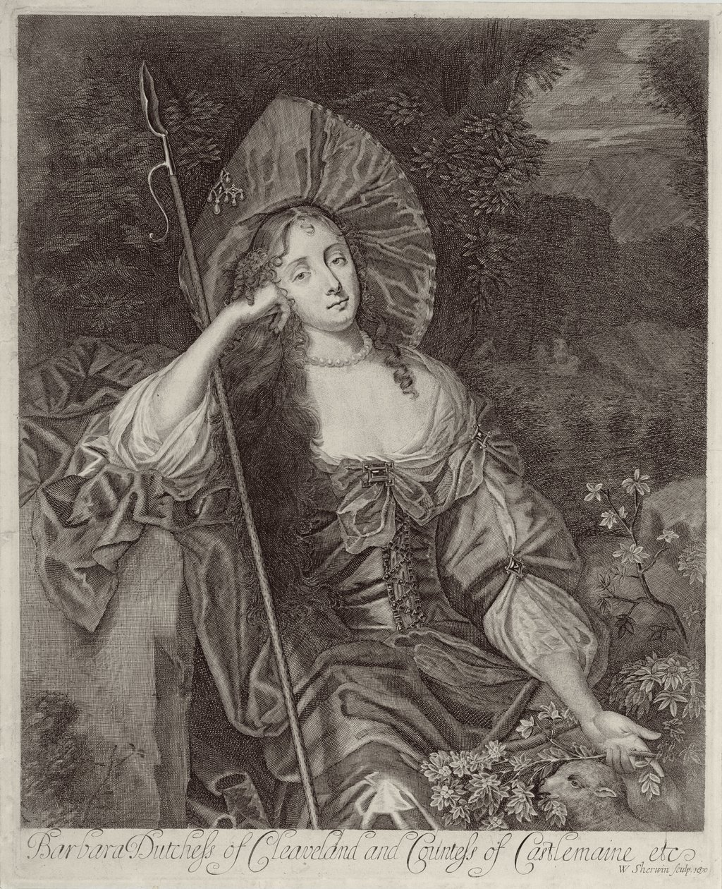 Barbara Herzogin von Cleveland (1641-1709) als Schäferin, graviert von William Sherwin (1645-1711), 1670 von Peter Lely