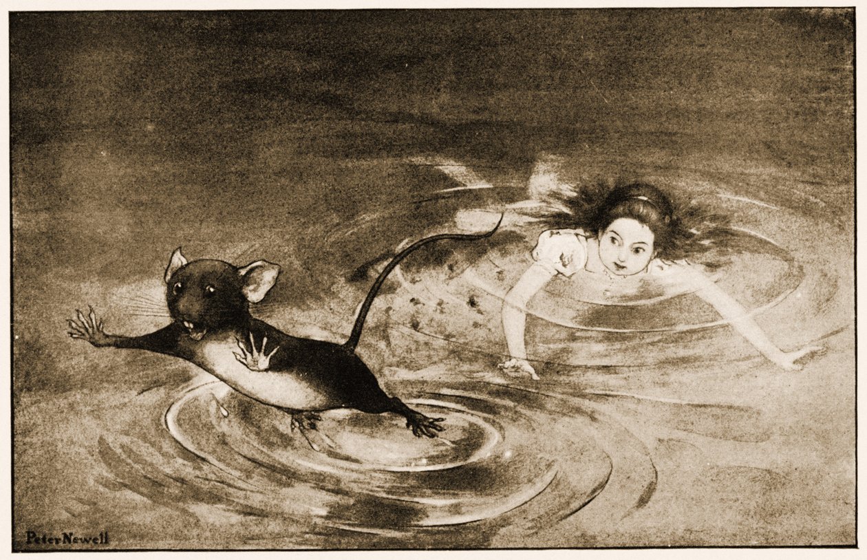 "Die Maus sprang plötzlich aus dem Wasser", Illustration für Lewis Carrolls "Alice im Wunderland", 1901 von Peter Newell