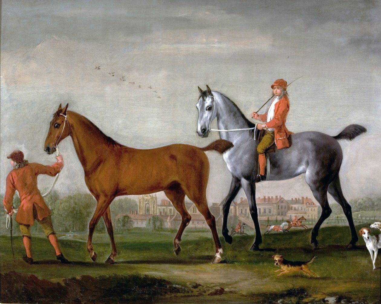 Zwei Rennpferde mit Stallburschen und Hunden im Park von Newstead Abbey, Nottinghamshire, 1724 von Peter Tillemans