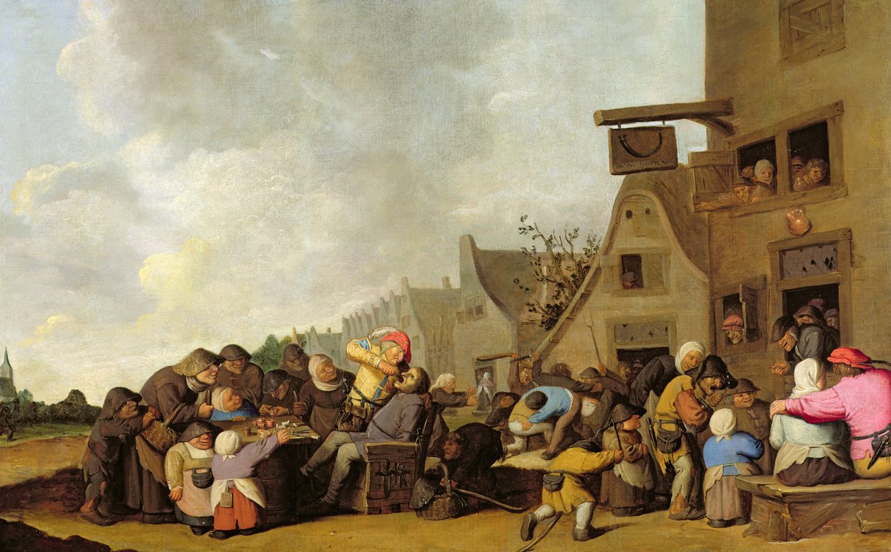 Dorfszene mit einem Zahnarzt, der Zähne zieht, und Bauern, die vor einer Taverne kämpfen, ca. 1630-40 von Peter de Bloot
