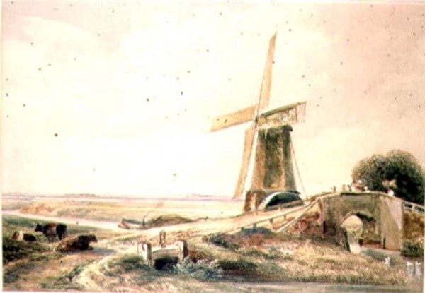 Landschaft mit Figuren auf einer Brücke über einen Bach von Peter de Wint