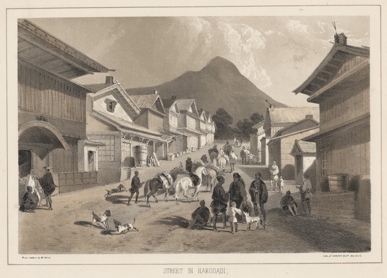 Straße in Hakodadi, Litho von Sarony und Co., 1855 von Peter Bernhard Wilhelm Heine