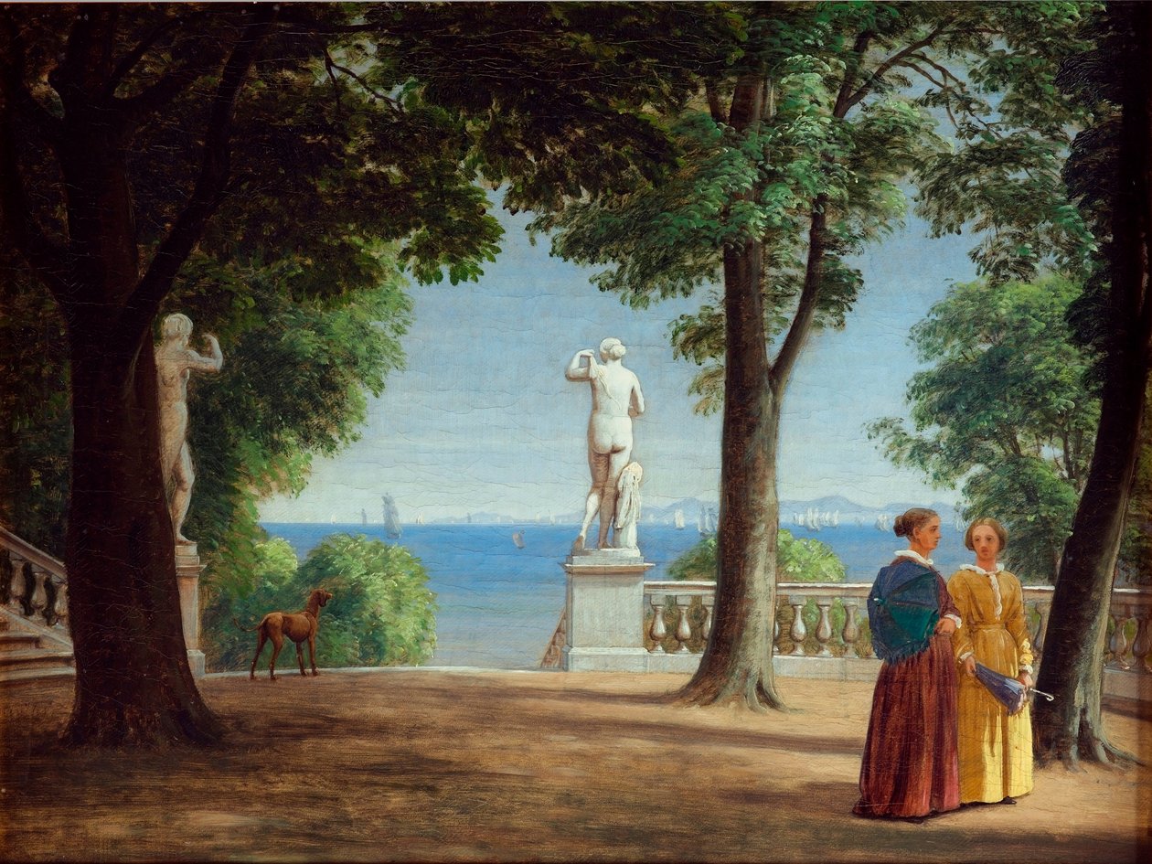 Blick auf Kullen von einer Gartenterrasse mit Statuen von Peter Christian Skovgaard