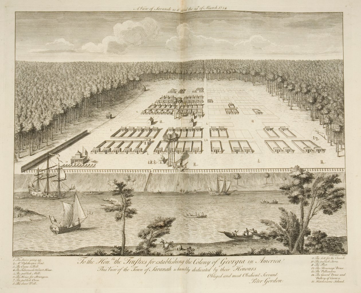 Ansicht von Savannah am 29. März 1734, graviert von P. Fourdrinier, London, ca. 1735 von Peter Gordon