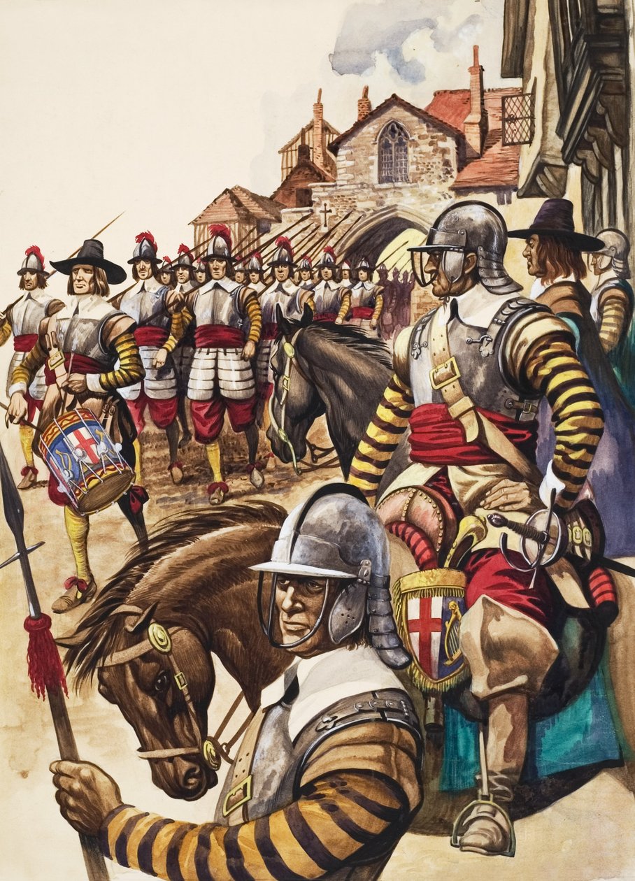 Eine Gruppe von Pikenieren der New Model Army marschiert in die Schlacht, angeführt von einem Trommler von Peter Jackson