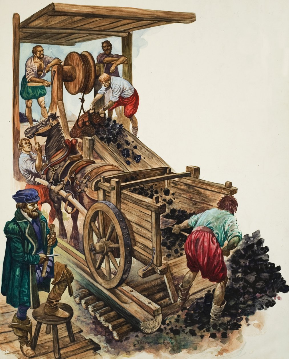 Ein Zähler notiert, wie viele Kohleladungen die Mine verlassen, während ein Bergmann einen Wagen füllt und andere mehr an die Oberfläche heben von Peter Jackson