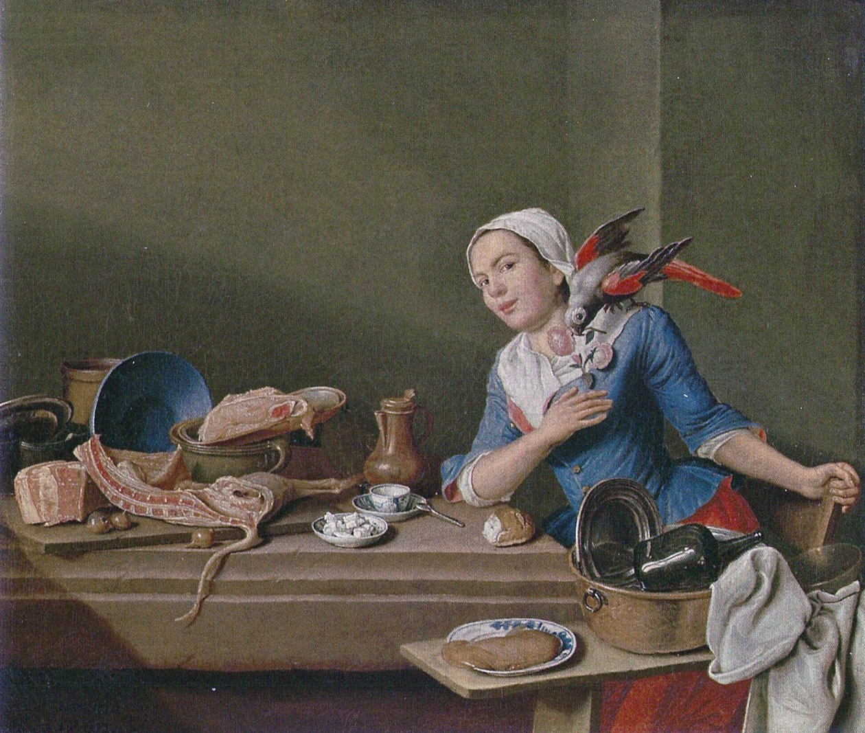 Küchenstillleben mit weiblicher Figur und Papagei (Das Gefühl) von Peter Jacob Horemans