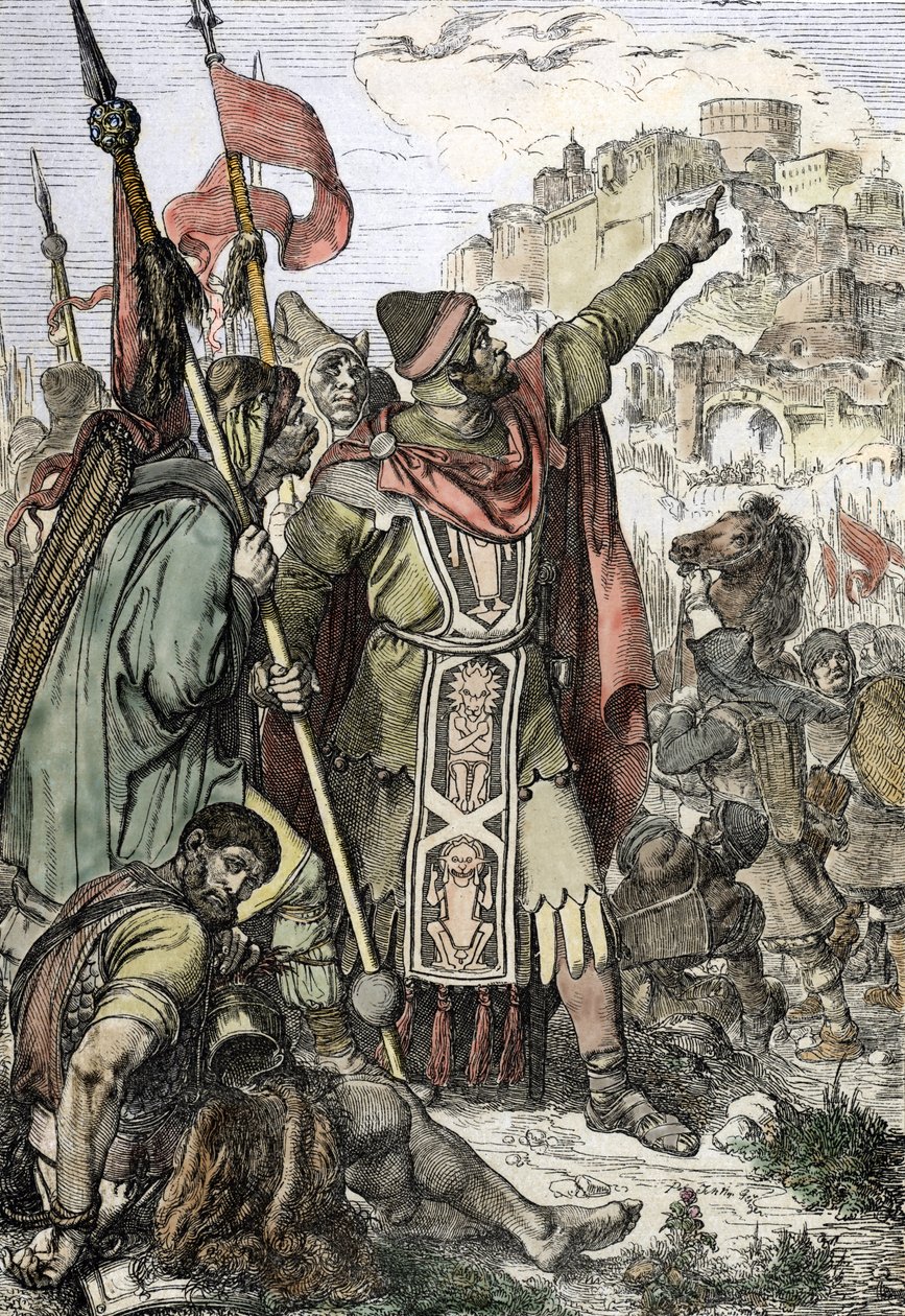 Barbareninvasion: Der König der Hunnen Attila (406-453) beobachtet mit seinen Soldaten die Belagerung der Stadt Aquileia in Italien von Peter Johann Nepomuck Geiger