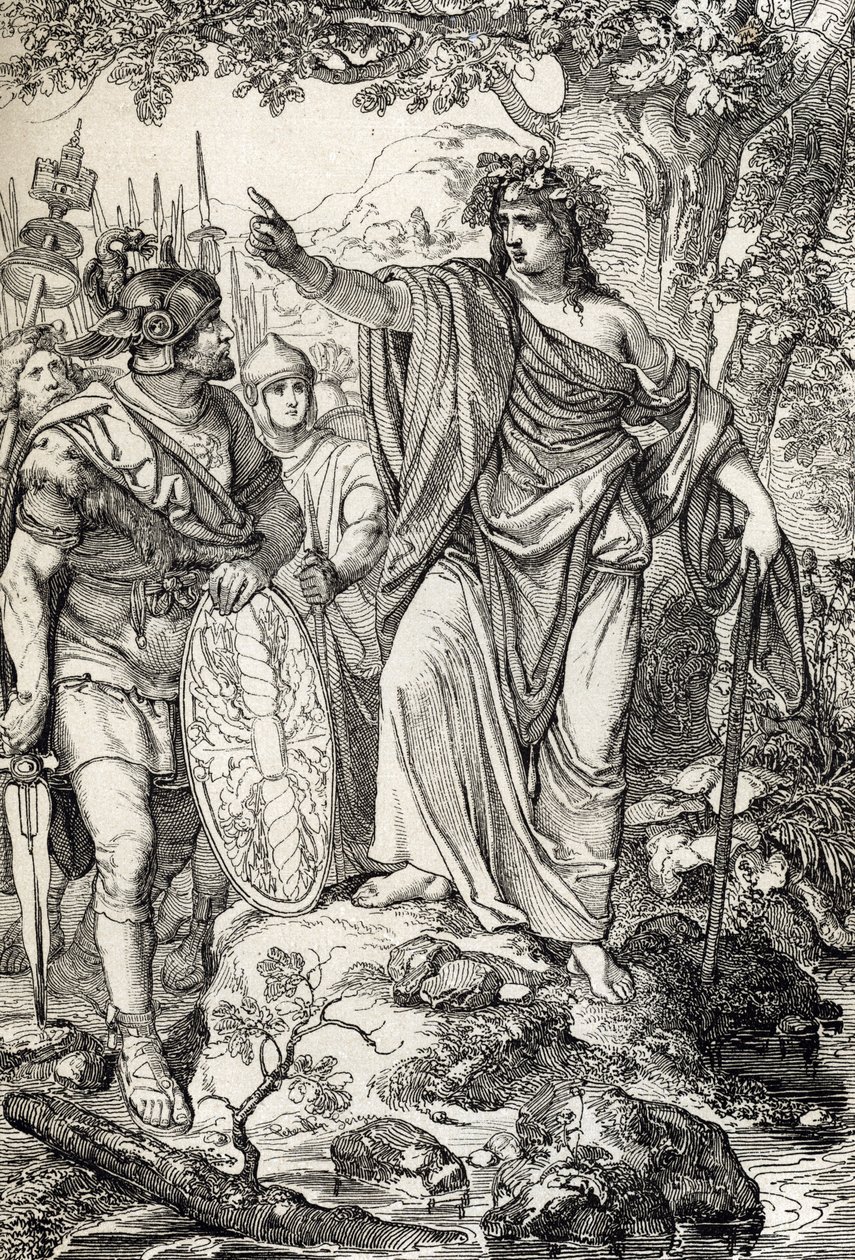 Feldzüge des Germanicus: „Nero Claudius Drusus Germanicus (38-9 v. Chr.) und seine Armee treffen eine junge Frau in den Regionen zwischen Weser und Elbe, um 12 v. Chr.“ (Eroberung Germaniens: römischer General Nero Claudius Drusus Germanicus und seine Arme von Peter Johann Nepomuck Geiger