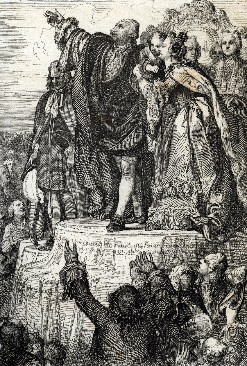 Feier der ersten Nationalen Föderation am 14. Juli 1790 auf dem Altar des Vaterlandes im Champs-de-Mars, anlässlich des ersten Jahrestages der Eroberung der Bastille: König Ludwig XVI., umgeben von seiner Familie, schwört auf die Verfassung von Peter Johann Nepomuck Geiger