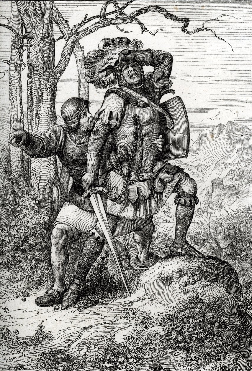Herzog Leopold I. von Österreich, Herr von Habsburg, wird von einem seiner Gefährten in der Schlacht von Morgarten am 15. November 1315 gegen die Schweizer Eidgenossen gerettet von Peter Johann Nepomuck Geiger