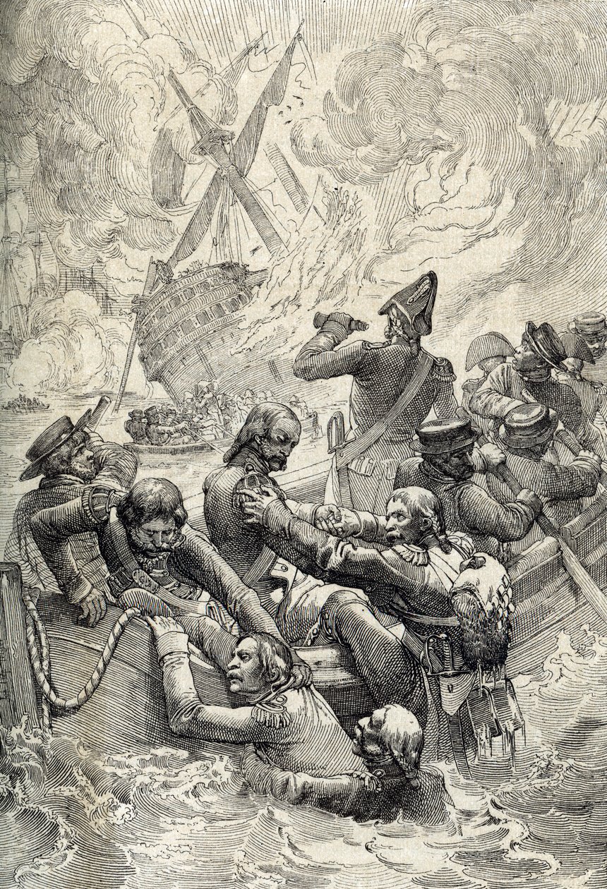 Ägyptens Expedition: Die Zerstörung der Orient in der Schlacht am Nil (Schlacht von Abukir) im August 1798 (Federzeichnung aus „Historische Memorabilien des In- und Auslandes“) von Peter Johann Nepomuck Geiger